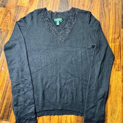 Lauren Ralph Lauren Silk Cashmere Lace Trim V-Neck