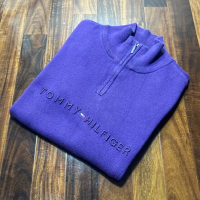 Tommy Hilfiger Purple 1/4 Zip Spell-Out Knit Size L