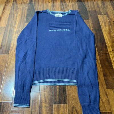 Polo Jeans Co. Navy Embossed USA Flag Logo Knit Sweater