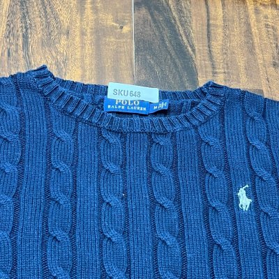 Vintage Polo Ralph Lauren Navy Cable Knit Crew Neck Sweater | White Pony | SKU 648