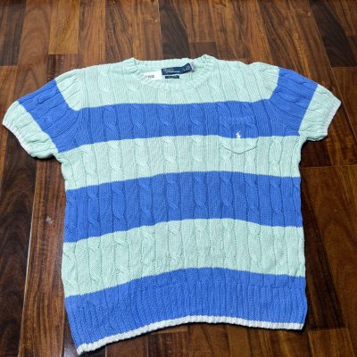 Polo by Ralph Lauren Blue Mint Striped Cable Knit T-Shirt | Pocket