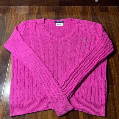 Ralph Lauren Fuchsia Pink V-Neck Cable Knit Sweater