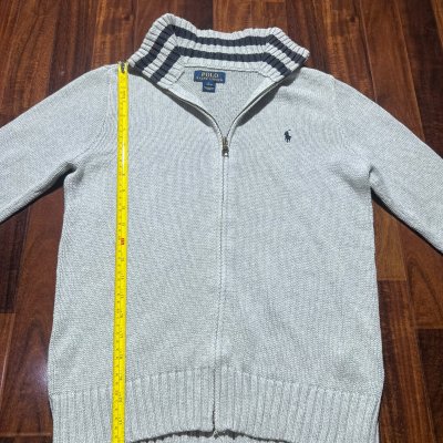 Polo Ralph Lauren Light Grey Full Zip Knit Sweater | 40" Chest | Striped Collar | Navy Pony