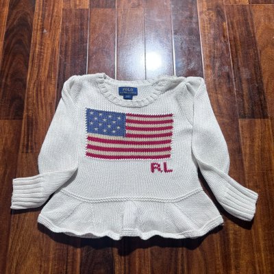 Polo Ralph Lauren USA Flag Peplum Knit | Cream | Intarsia Flag | Kids Size 2/2T | 29cm P2P | 40cm Length