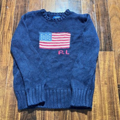 Polo Ralph Lauren USA Flag Crew Knit | Navy | Flag Intarsia + Pink RL | Kids Size 5 | 38cm P2P | 44cm Length