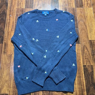 Polo Ralph Lauren Navy Nautical Skull Embroidered Crew Neck Sweater | Rare