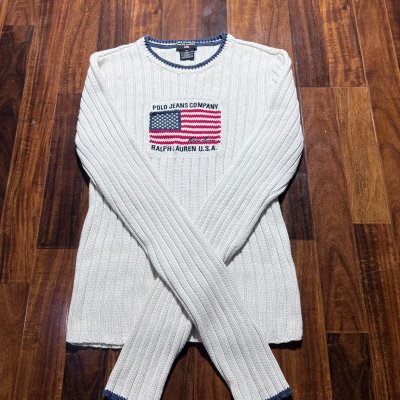 Polo Jeans Co Ralph Lauren USA Flag Ribbed Crew Knit | Cream Navy | Flag Intarsia | Size M | 51cm P2P | 60cm Length