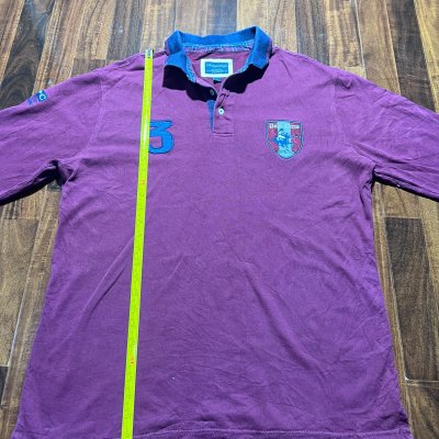 Polo Royal Cup Number 3 Embroidered Crest Long Sleeve Rugby Polo | Plum/Blue | Size XL | 62cm P2P | 72cm Length