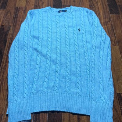 Polo Ralph Lauren Carolina Blue Cable Knit Crew | 48" Chest | Navy Pony Logo | Size XXL