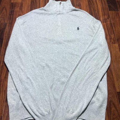 Polo Ralph Lauren Quarter Zip Sweater | Heather Grey Half Zip Navy Pony | Size L | 55cm P2P | 68cm Length