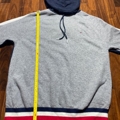 Tommy Hilfiger Hoodie Sweater M | Grey Knit Hooded | Navy Hood | Flag Logo | Length 26.5" | Tape Locked