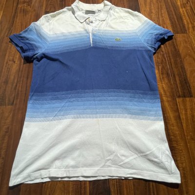 Lacoste Polo Shirt | Blue White Gradient Striped Crocodile | Size L | 54cm P2P | 74cm Length