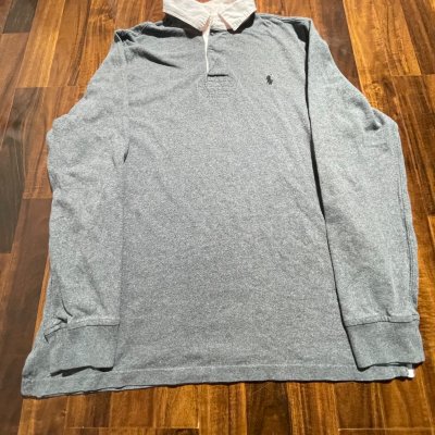 Polo Ralph Lauren Rugby Shirt | Grey Button Mock Neck Navy Pony | Size XL | 62cm P2P | 76cm Length
