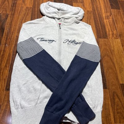 Tommy Hilfiger Hoodie S | Grey Knit Zip Hood | Script Logo Embroidered | L 23" | Tape Locked