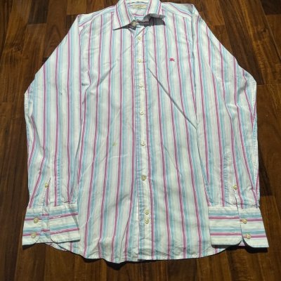 Burberry London Shirt | Pink Blue White Vertical Stripe Pink EKD Logo | Size L | 57.5cm P2P | 80cm Length |
