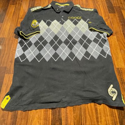 Coogi Polo Shirt | Black Grey Argyle Diamond Yellow Trim 69 Logo | Size XL | 62.5cm P2P | 83cm Length |