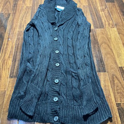 Lauren Ralph Lauren Cardigan M | Black | Cable Knit | Shawl Collar | Button Up | Long | Pockets |