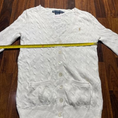 Ralph Lauren Sport Cardigan | White Cream Cable Knit V-Neck Gold Pony Pockets | Size M | 49cm P2P | 66cm Length
