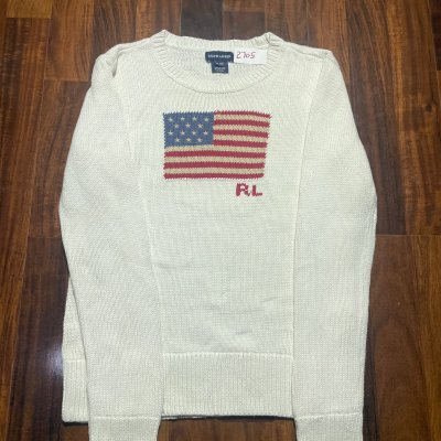 Ralph Lauren Sweater S/M | Off White Cream | USA Flag Knit | RL Logo | XL(10) | 2705