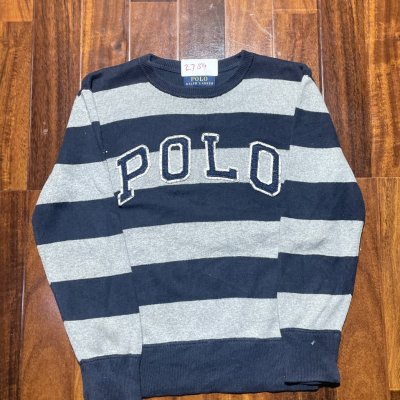 Polo Ralph Lauren Sweater | Navy Grey Striped POLO Spell-Out Crew Neck | Size M | 46cm P2P | 62cm Length | 2759