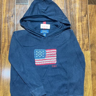 Polo Ralph Lauren Hoodie | Navy Crochet USA Flag POLO Sweater | Size S Kids | 40cm P2P | 49cm Length | 2773