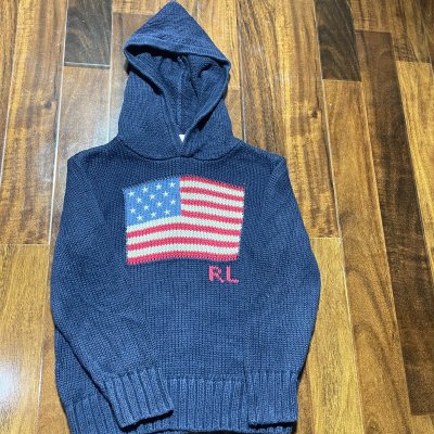 Polo Ralph Lauren Sweater | Navy USA Flag Hooded | Size M Boys 8-10Y | 40cm P2P | 52cm Length | 2814