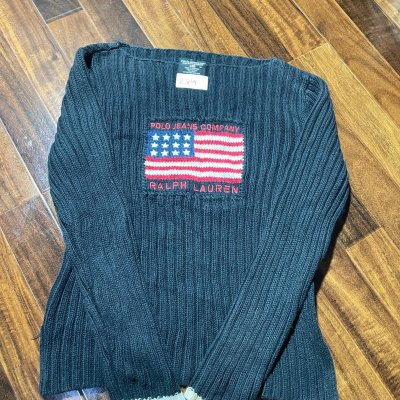 Polo Jeans Ralph Lauren Sweater M | Black Ribbed Knit | American Flag Big Logo | Boat Neck