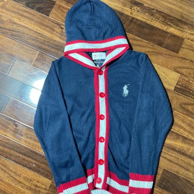 Polo Ralph Lauren Cardigan | Navy Red White Big Pony Hooded Button | Size Kids 128-134 / 8-9Y | 38cm P2P | 46cm Length | Rare | 2849