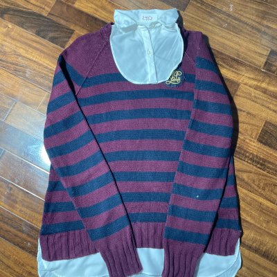 Lauren Ralph Lauren Sweater M | Burgundy Navy Stripe 2-in-1 Shirt Collar Sweater 2000s | M - 2953
