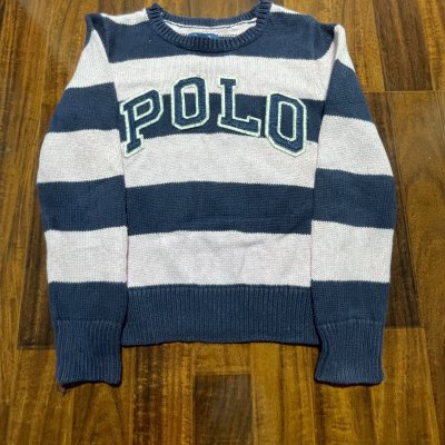 Polo Ralph Lauren Sweater Kids | Pink Navy Striped Knit Polo Logo Jumper | Kids Medium