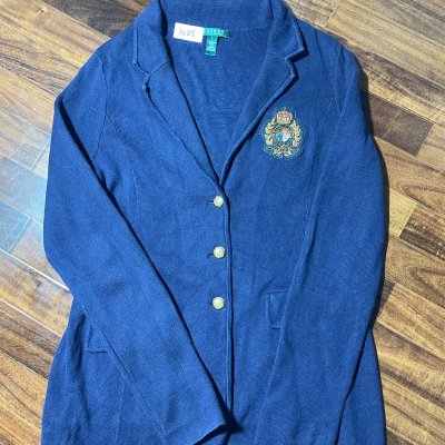 Lauren Ralph Lauren Cardigan M | Navy Crest Knit Blazer | Gold Button Badge | Tag