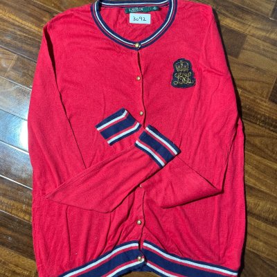 Lauren Ralph Lauren Cardigan L | Red | Crest | Gold Button | Striped Trim | Tag