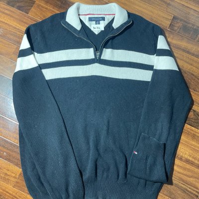 Tommy Hilfiger Sweater | 1/4 Zip Striped Knit Sweater Black White | 3072