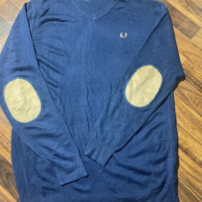 Fred Perry Sweater XXL | 2010s Navy Elbow Patch V-Neck Sweater Gold Laurel | XXL -