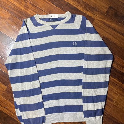 Fred Perry Sweater M | 2000s Striped Knit Sweater Blue Grey Laurel Wreath | M -