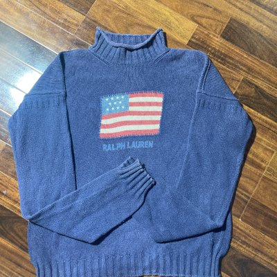Polo Sport Ralph Lauren Sweater L | Navy USA Flag Mock Neck Knit Jumper 1990s | Mens L