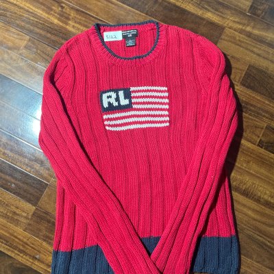 Polo Jeans Co. Sweater L | Red RL Flag Cable Knit Jumper 1990s | Womens L