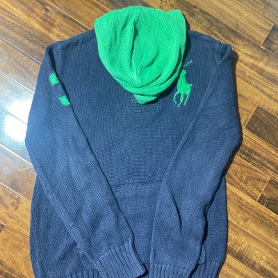 Polo Ralph Lauren Hoodie L | Navy Mens 2000s Big Pony Knit Hooded Jumper | Mens L
