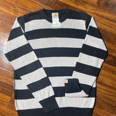 Carhartt Sweater L | Navy Grey 2000s Striped Knit Jumper | Mens L