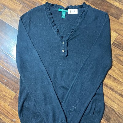 Lauren Ralph Lauren Sweater S | Black 2000s Henley Sweater Ruffle Jumper | Womens S