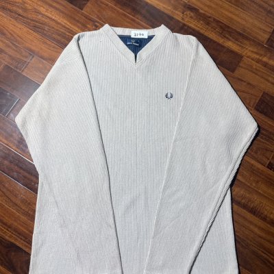 Fred Perry Sweater L | Cream Vintage 1990s Ribbed Knit Sweater | Mens L
