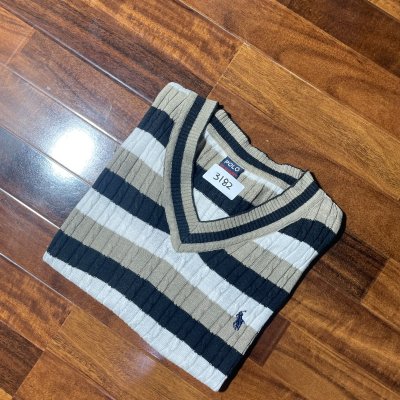 Polo Ralph Lauren Sweater S | Beige White Navy 2000s Striped Cable Knit V-Neck Sweater | Womens S