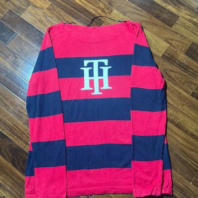 Tommy Hilfiger Jumper Large | Pink Navy Striped TH Knit Sweater Logo | Womens